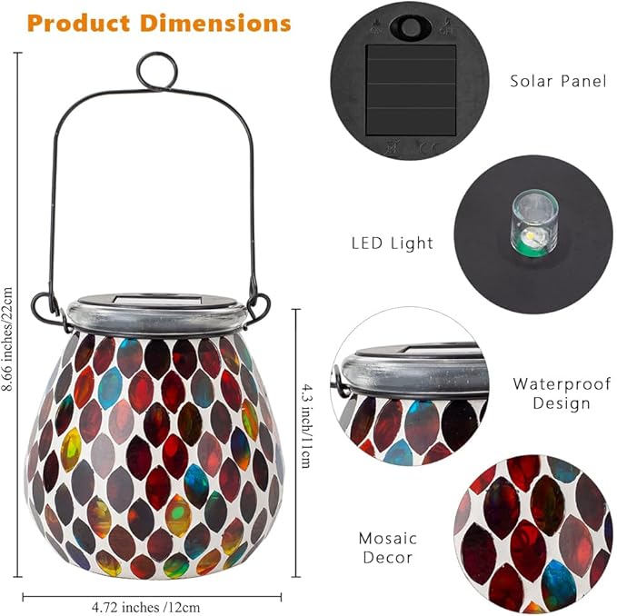 Starsoul 2 Pack Solar Lanterns Outdoor Waterproof, Exquisite Colorful Mosaic Glass Solar Garden Decor, Gifts for Women Mom Grandma