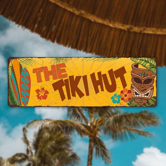 The Tiki Hut Sign Hut Decor Signs Bars Grill Decorations Hawaiian Accessories Patio Beach Surfboard Wall Art Plaque Vintage Tin Gift 6 x 18 Matte Finish Metal 106180091028