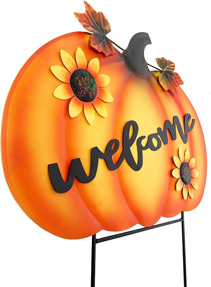 Rustic Metal Pumpkin Garden Stakes Standing Outdoor Welcome Signs Home Decorations Metal Pumpkins Yard Outdoors for Fall Harvest Decor Thanksgiving Halloween Lawn Decorations-24''H