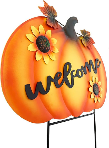 Rustic Metal Pumpkin Garden Stakes Standing Outdoor Welcome Signs Home Decorations Metal Pumpkins Yard Outdoors for Fall Harvest Decor Thanksgiving Halloween Lawn Decorations-24''H
