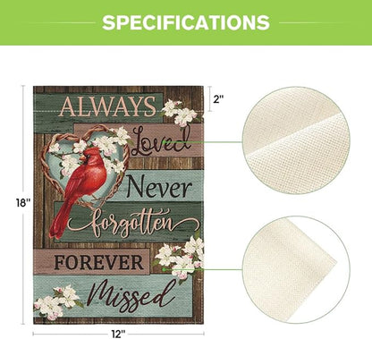 AVOIN colorlife Cardinal Memorial Garden Flag 12x18 Inch Double Sided Outside, Always Loved Never Forgotten Memorial Day Gravesite Saying Yard Outdoor Decoration
