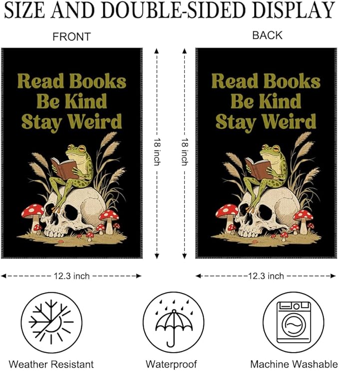 Read Books Be Kind Stay Weird Garden Flag Double Sided Yard Outdoor Decoration 12x18 Inch, Bookish Frog Outdoor Garden Flag, Kind Reading Room Decor Banner, Librarian Book Lovers Gifts