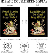 Read Books Be Kind Stay Weird Garden Flag Double Sided Yard Outdoor Decoration 12x18 Inch, Bookish Frog Outdoor Garden Flag, Kind Reading Room Decor Banner, Librarian Book Lovers Gifts