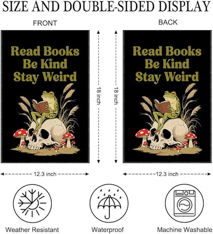 Read Books Be Kind Stay Weird Garden Flag Double Sided Yard Outdoor Decoration 12x18 Inch, Bookish Frog Outdoor Garden Flag, Kind Reading Room Decor Banner, Librarian Book Lovers Gifts
