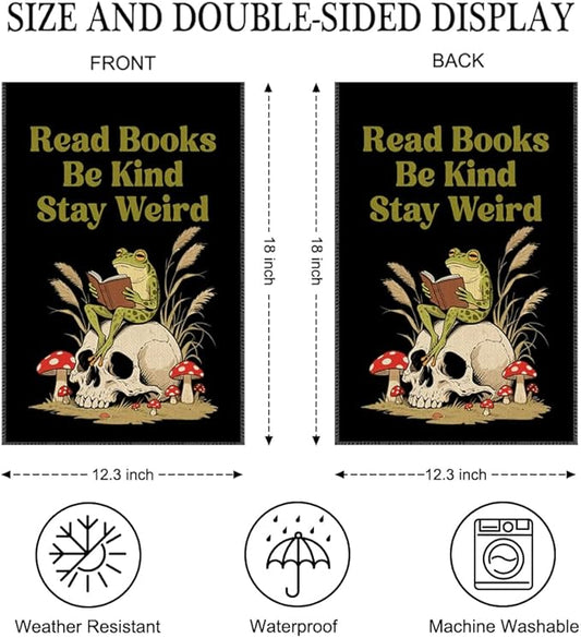 Read Books Be Kind Stay Weird Garden Flag Double Sided Yard Outdoor Decoration 12x18 Inch, Bookish Frog Outdoor Garden Flag, Kind Reading Room Decor Banner, Librarian Book Lovers Gifts