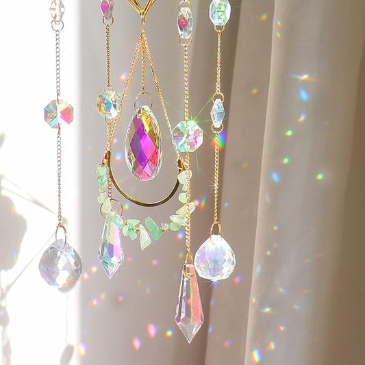 Green Fluorite Crystal Suncatcher Window Hanging Pendant Glass Prisms Decor Wind Chime Rainbow Sun Catcher for Home Garden Porch