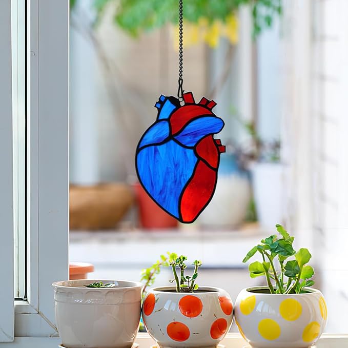 Heart Stained Glass Window Suncatchers - Red Heart Window Decor, Glass Art Housewarming Gifts for Women, Men & Dad