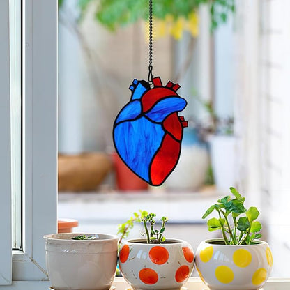 Heart Stained Glass Window Suncatchers - Red Heart Window Decor, Glass Art Housewarming Gifts for Women, Men & Dad