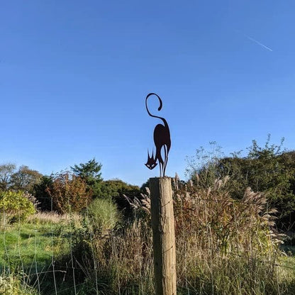 Retro Rusty Metal Cat Fence Topper Decor Outdoor Yard Signs Decoration Metal Cat Garden Statues Stake Cute Animal Statues for Outdoor Yard Garden Decor and Lawn Ornaments, Black