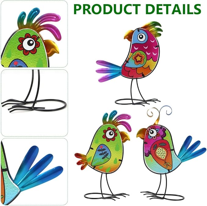 3 Pack Garden Outdoor Metal & Glass Bird Yard Art Decor, Yard Art Decoration for Porch Patio, Garden Statues Sculpture Gifts for Grandma Mom Women (Colorful)