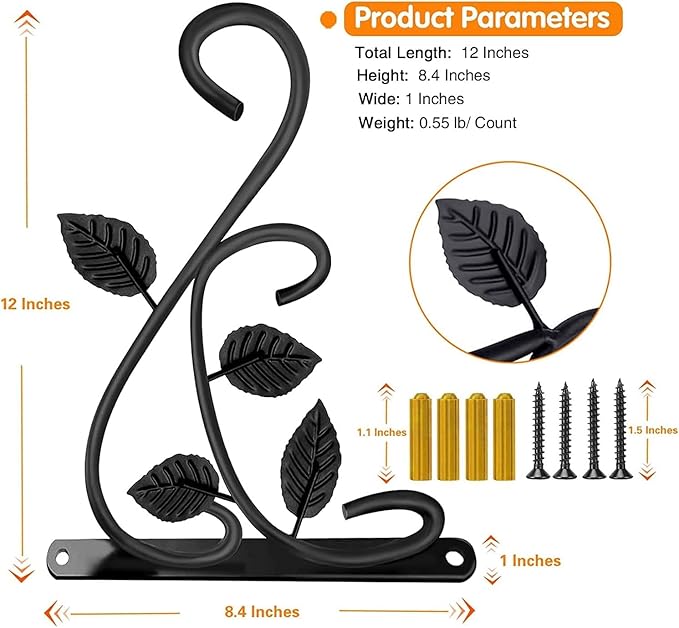 Hanging Plant Bracket, 12 Inch Wall Mount Hanger, Rust-Resistant Metal Plant Hanger for Flowers, Bird Feeders, Lanterns, Wind Chimes