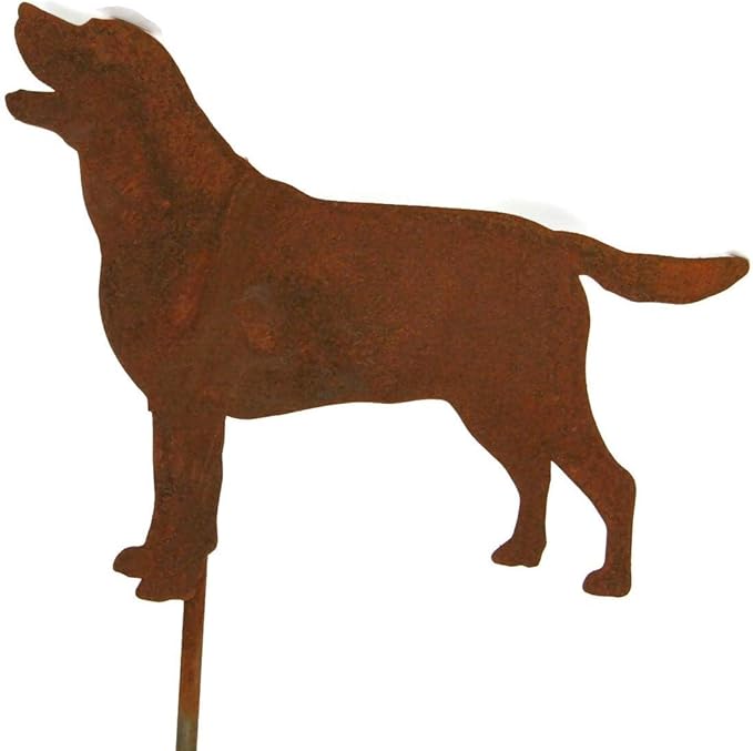 Pets and Farm Animals Metal Garden Landscape Stake (9" Wide Labrador Dog on Stake, Naturally Rusted)