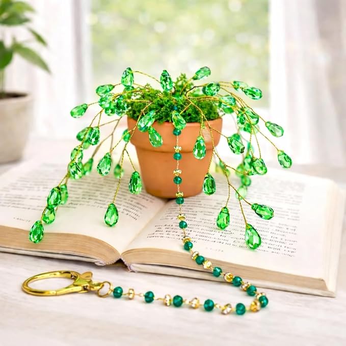 Sun Catchers Indoor Window, Beaded Plant Kit Gifts for Plant Lovers Beaded Succulent Plants Green Waterdrop Beads Suncatchers for Windows Hanging with Chain Home Garden Décor Car Hanging Ornament