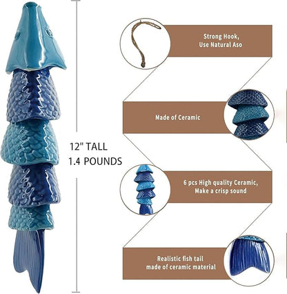 Koi Fish Ceramic Wind Chimes for Outside, 12Inch Garden Fish Decor, Beach Decor, Fish Sculptures for Outdoor, Patio, Pond.