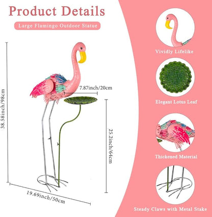 Large Flamingo Garden Statue, Metal Pink Flamingo Outoor Statue with Leaf Tray, Lawn Flamingos Ornaments Bird Art Yard Decor for Garden, Backyard, Present for Woman(38.58 Inch Tall)