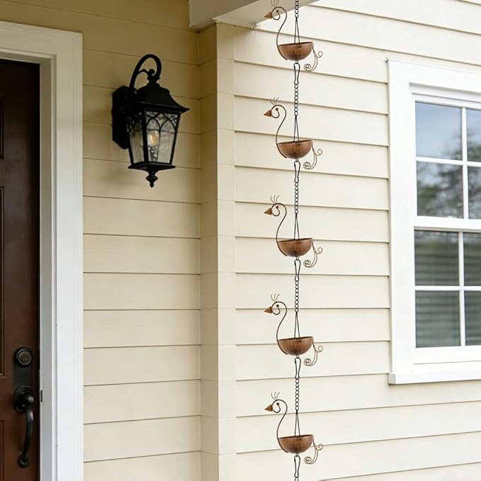10.1ft Rain Chain for Outside, Rain Chain with 12 Peacock Cups, Adjustable Rain Catcher Chain for Outside, Replacement Downspout for Gutters, Eaves, Drainage