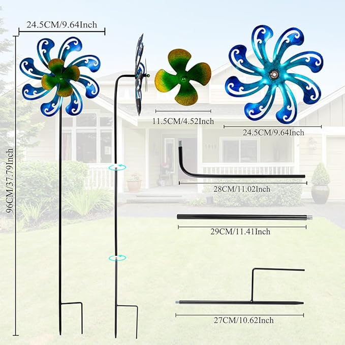 2 Packs Outdoor Metal Wind Spinner, Blue Wind Sculptures Windmill with Stake,Kinetic Yard Art Decor Pinwheels for Garden Outside Patio Lawn