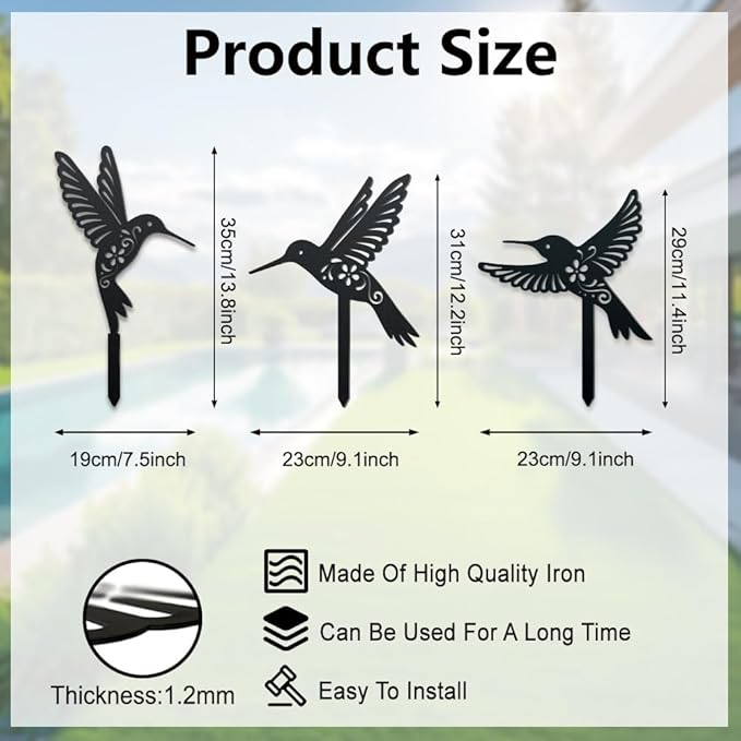 WADORN 3 Styles Hummingbirds Metal Decorative Garden Stakes, Funny Hummingbirds Flowers Metal Silhouette Statues Animal Garden Ornament Gifts Black Yard Art Decoration for Outdoor Backyard Patio Lawn