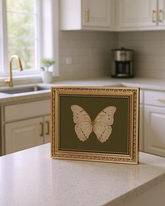 ARPEOTCY Vintage Gold Framed Wall Art, Classical White Butterfly Paintings, 8x10 inch Small Moody Green Canvas Prints with Antique Picture Frame, Victorian Wall Decor for Gallery Living Room Shelf