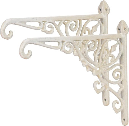 Sungmor Decorative Cast Iron Wall Bracket for Hanging Baskets – 2 Pack Heavy Duty Plant Hanger Hook for Outdoor/Indoor Use – Vintage White Metal Hanging Bracket for Lanterns, Bird Feeders, Signs