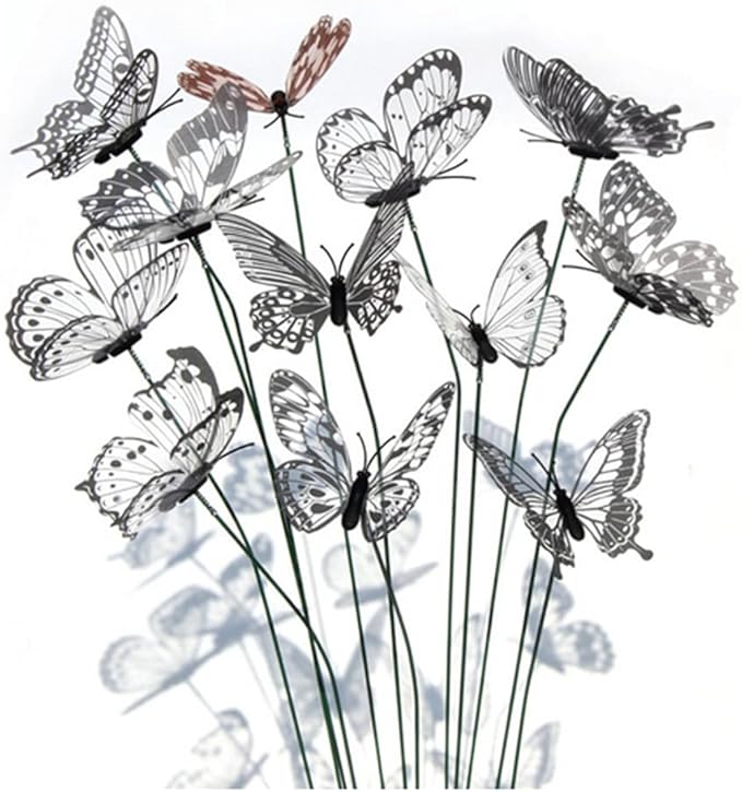 3D Butterfly Garden Stake Decor,10"PVC Butterfly Garden Decor for Outside,Shaking Head Artificial Butterflies for Cake Bouquet Wall Lawn Pathway Plant Pot Flower Bed Yard Decor (50, Black)