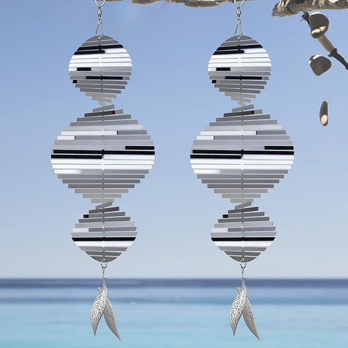 Wind Spinners, 2× 3D Stainless Steel Outdoor Hanging Wind Spinner, 2× Metal Pendants and 3× 360° Rotating Hooks with Wirerope, Reflective Decor for Outside Yard and Garden (2 Pack) (Helix-Like)