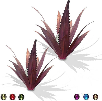 2 PCS Metal Agave Sculpture Decoration, Vintage Country Hand-Painted Sculpture DIY Metal Agave Plant, Home Garden Courtyard Lawn Outdoor Decoration (Serrated Purple)