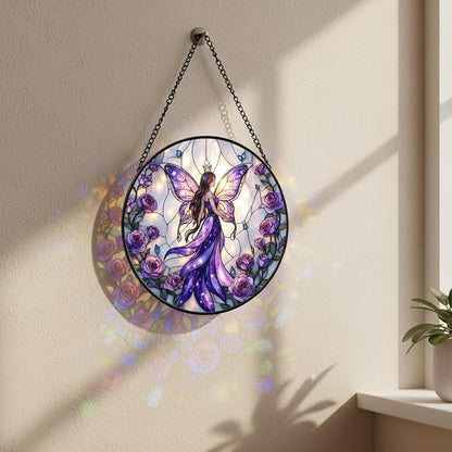 Fairy Stained Glass Suncather for Window Hanging with Butterfly Wing, 7.9'' Purple Fairy Ornament Gift for Women, Whimsical Wall Art Home Decor Gifts for Mom, Grandma (Purple Fairy, 7.9'')