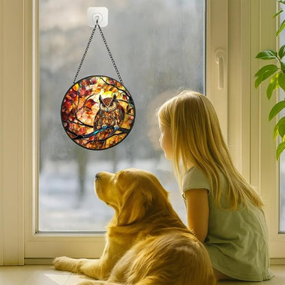 Stained Glass Window Hanging - Autumn Leaves and Perched Owl Sun Catchers Indoor Stained Glass Panels Wall Decor for Mom Wife Lovers Festive