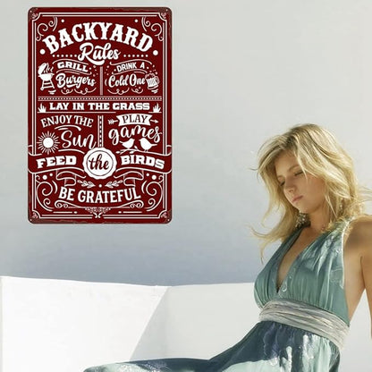 Backyard Rules Vintage Metal Poster, Funny Backyard Decor, Sweet Wall Decoration for Bar and Grill, Retro Metal Sign for Outdoor Patio, Porch, Pool 8x12 Inch