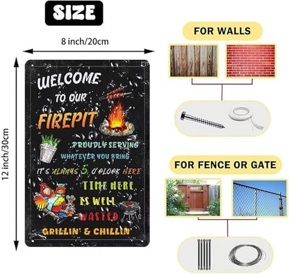 Generic Welcome To Our Firepit Tin Sign Proudly Serving Whatever You Bring Sign Vintage Metal Sign For Backyard Wall Decor Signs Patio Deck Decor Outdoor Firepit Sign 8x12 Inch