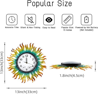 13'' Sun Outdoor Clock, Wall Clock with Thermometer & Humidity Silent No-Ticking Waterproof for Patio, Living Room, Kitchen