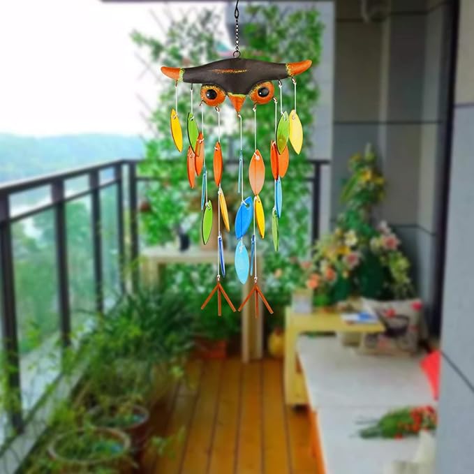 Vindar Wind Chime, Iron Folk Art Owl Model Design Glass Wind Chimes for Wall Hanging Home Art Decor, Beautiful Apartment Room Dorm Decoration, Great Gift Decor for Terrace,Patio,Porch,Garden,Backyard