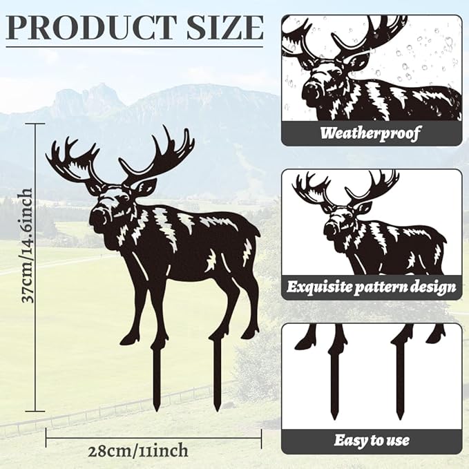 WADORN Deer Metal Decorative Garden Stakes, Elk Funny Metal Outdoor Statues Black Elk Deer Silhouette Ornament Gifts Funny Animal Deer Outdoor Decor for Yard Garden Patio Lawn Walkways Ornaments