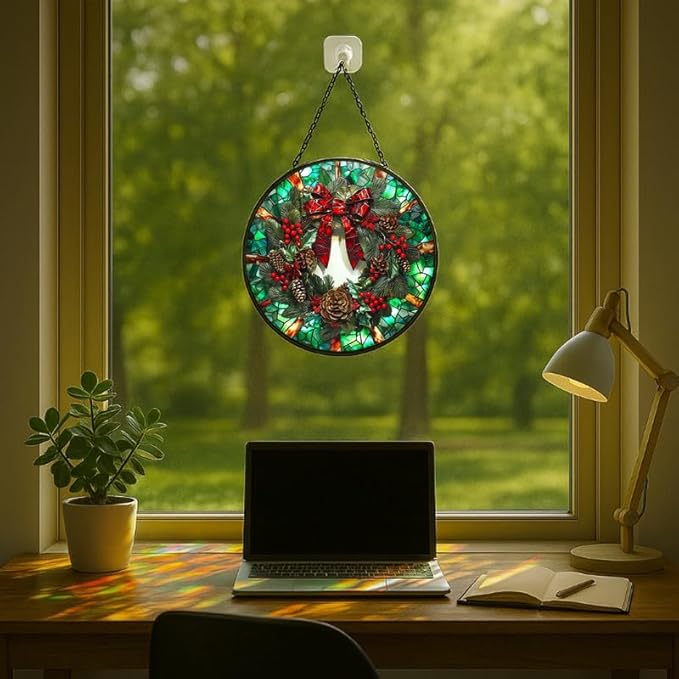 Stained Glass Window Hanging - 6.3in Christmas Wreath with Red Bow, Pine Cones, Berries Sun Catchers Panel for Indoor Decorative Display for Mom, Wife, Lovers, Festive