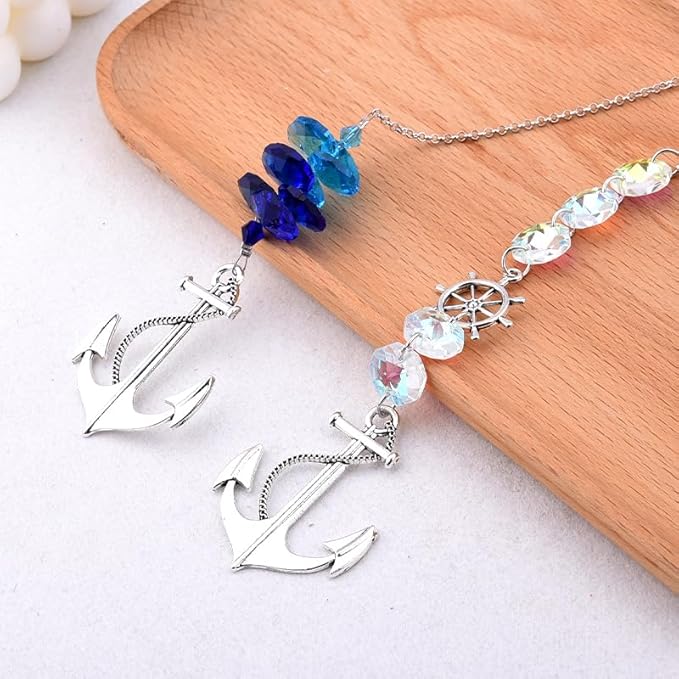 Nautical Crystal Suncatchers Set Window Hanging Glass Ship Wheel Hanging Ornaments for Home Boat Decor Sailor Nautical Gifts Sailing Sun Catcher Home Garden Decoration
