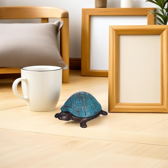 GLEAVI Cast Iron Turtle Key Hider Box Outdoor Garden Statue Hidden Extra Key Holder Sea Blue Vintage Tortoise Trinket Box for Patio Yard
