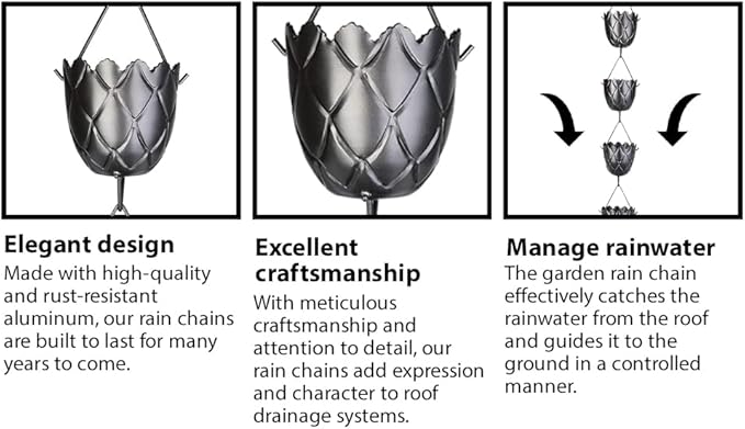 RainChains Pacific Fluted Scalloped Rain Chain 8.5ft Black Aluminum Rain Chain for Heavy Rain Premium Decorative Gutters.