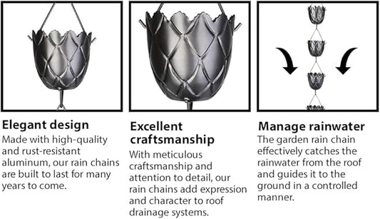 RainChains Pacific Fluted Scalloped Rain Chain 8.5ft Black Aluminum Rain Chain for Heavy Rain Premium Decorative Gutters.