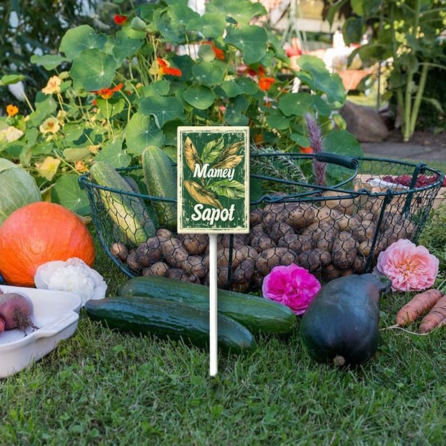 Uptell Vintage Aluminum Mamey Sapot Fruit Signs Yard Sign with Stake for Garden Fruit Garden Label Stakes Plant Markers for Outdoor Plants Waterproof 8x12 inch