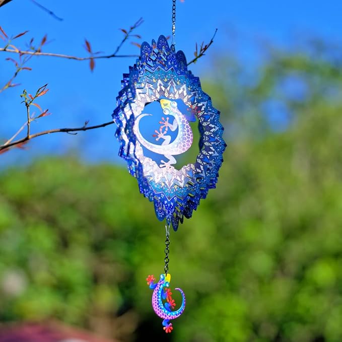 DREAMYSOUL Metal 12" Wind Spinner, Gecko Hanging Wind Spinner for Yard and Garden 3D Kinetic Wind Sculpture Indoor Outdoor Patio Decoration