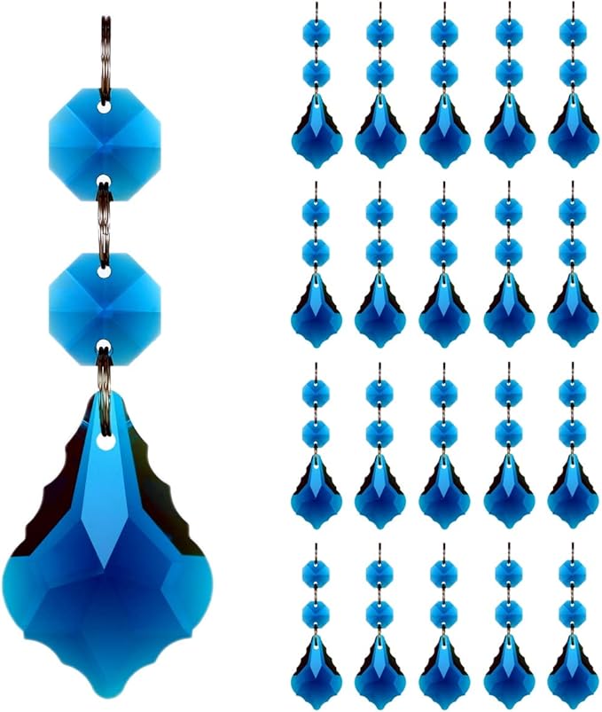 20pcs Crystal Maple Leaf Chandelier Prism Replacement Pendant Connected Glass Octagon Beads Chain for Chandelier Christmas Decoration 38mm (Peacock Blue)