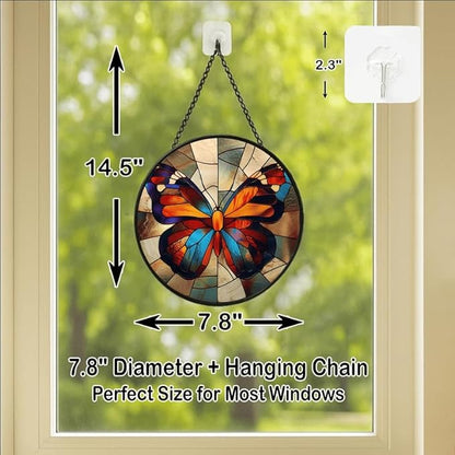 Stained Glass Window Hanging - Radiant Sun and Garden Scene Sun Catchers Indoor Stained Glass Panels Wall Decor for Mom, Wife, Lovers, Festive, 7.8in