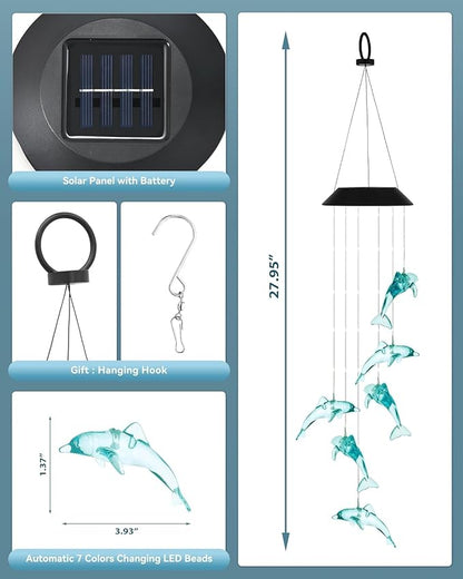 DOUBLEZHE Solar Wind Chime for Outside, Color Changing Dolphin Wind Chime Outdoor, Mom Gifts for Mothers Day Grandma Gift, Unique Garden Decor Colorful Patio Yard Party Decoration