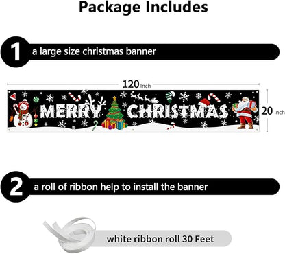 Probsin Large Merry Christmas Banner 120" x 20" Double Printed Xmas Decoration Snowman Christmas Tree Hanging Santa Claus Holiday Party Supplies Home Decor for Outdoor,Indoor,Yard,Garden,Porch,Lawn