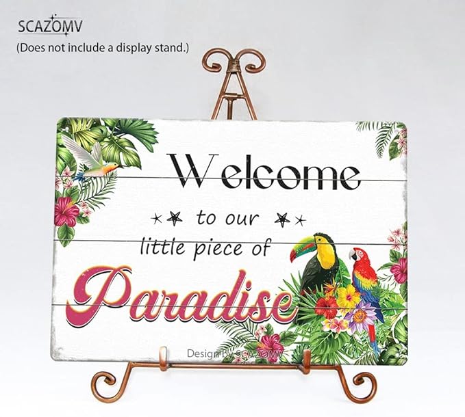 SCAZOMV Welcome to Our Little Piece of Paradise Metal Sign Vintage Tin Signs for Home Wall Decoration Swimming Pool Beach Porch Home Poolside Bar Pub Garden Outdoor Funny Wall Decor 12x8 Inch
