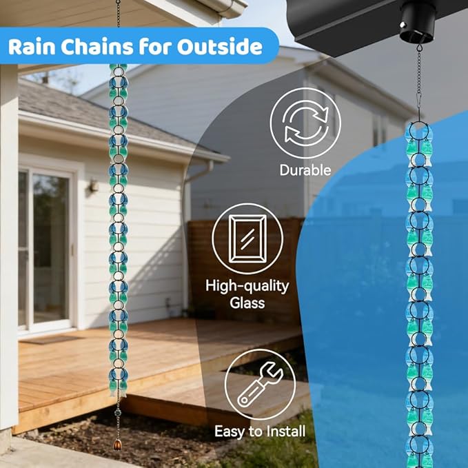 dreamysoul Rain Chains for Outside, 7.87FT Adjustable Blue Glass Rain Chain, Fish Shpe Decorative Rain Catcher Chains for Gutters, Downspout, Eaves, Drainage