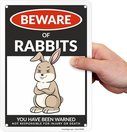 SmartSign Funny Beware Of Rabbits Warning Sign - 10"x7", 40 mil Laminated Rust-free Aluminum - Metal Signs for Farms, Outdoors, Patio, Gifts, Cafe - Rabbits Theme, Made in USA