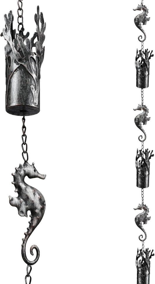 8.5 FT Rain Chains for Gutters, Ocean Themed Seahorse Rain Chain, Decorative and Functional Coral Cylinder Rain Catcher Chain for Downspouts, Metal Rain Chimes for Outside Garden Yard Decor