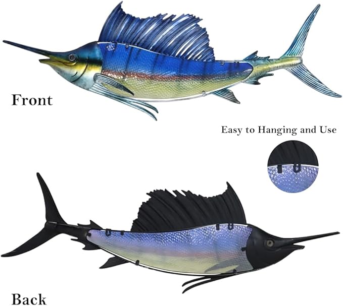 LIFFY Metal Fish Wall Decor,36" Large Swordfish Wall Art,Indoor Outdoor Tropical Ocean Glass Sailfish Art Sculptures Home Decorative Ornaments for Garden Porch Bedroom Living room